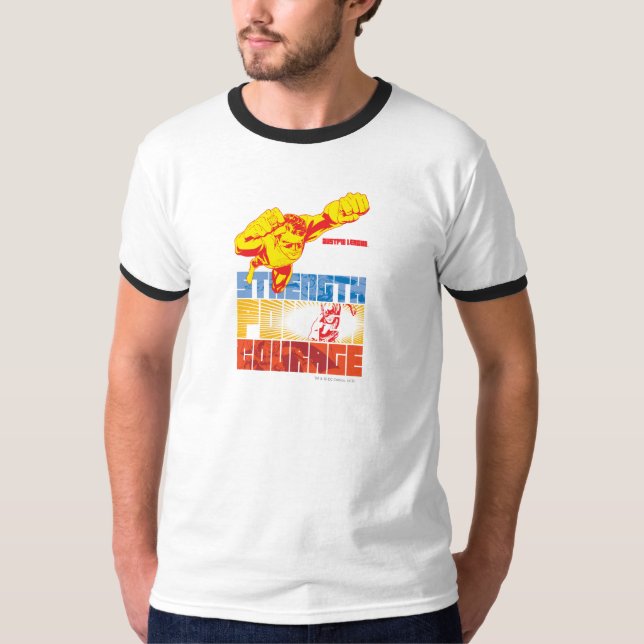 Gerechtigkeitsliga Power. Mut. Zeichen T-Shirt (Vorderseite)