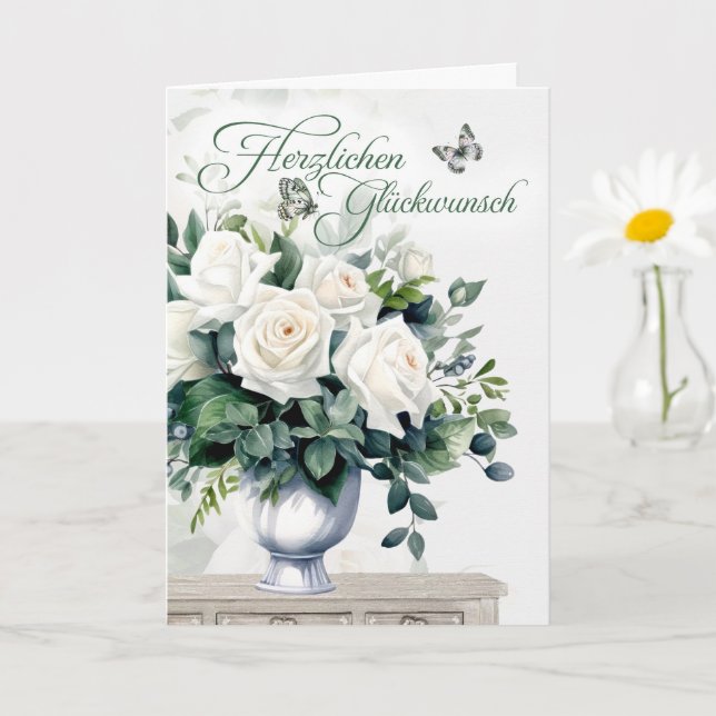 German Congratulations White Roses and Butterflies Karte (Kleine Pflanze)