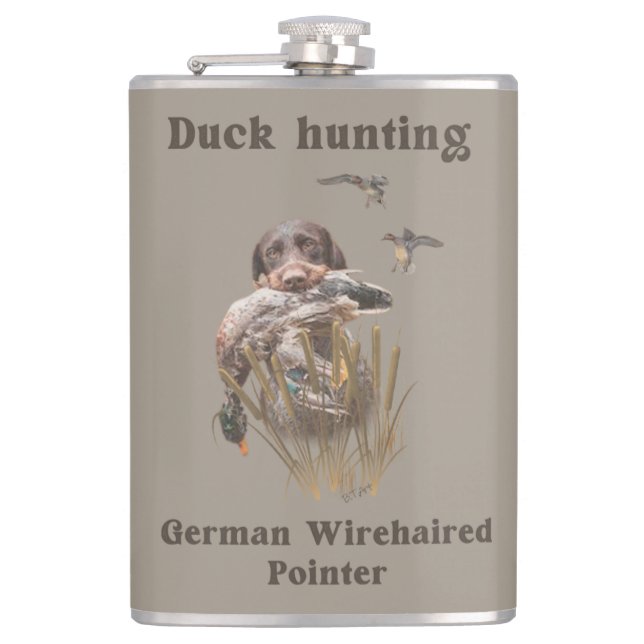 German Drahthaar Pointer Jagen einer Ente Flasche Flachmann (Vorderseite)