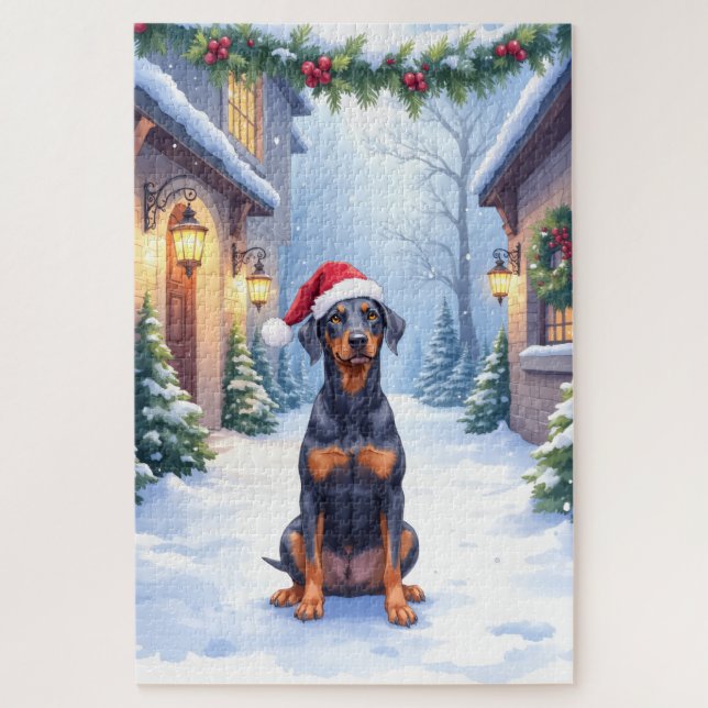 German Pinscher Snowy Courtyard Santa Hat (Vertikal)