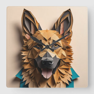 German Shepherd 3D Paper Art Design T - Shirt Quadratische Wanduhr