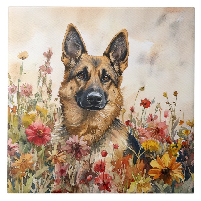 German Shepherd Among Vibrant Wildflowers Fliese (Vorderseite)