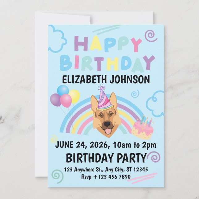 German Shepherd Birthday Invitation in Blue Einladung (Vorderseite)