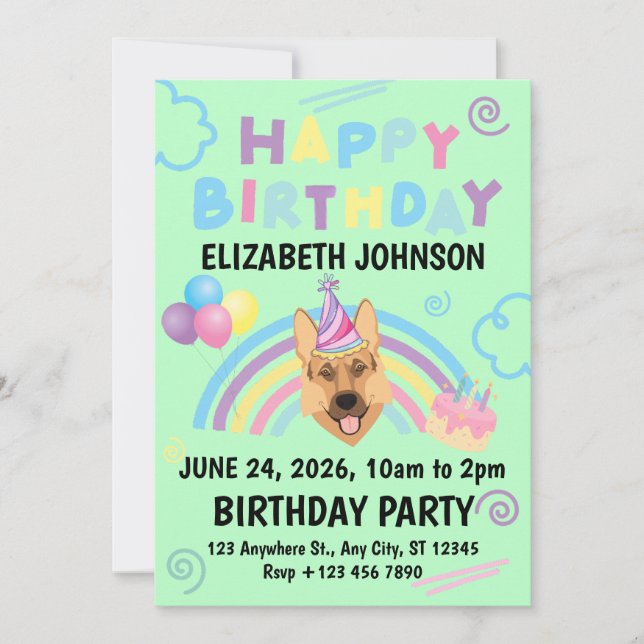 German Shepherd Birthday Invitation in Green Einladung (Vorderseite)