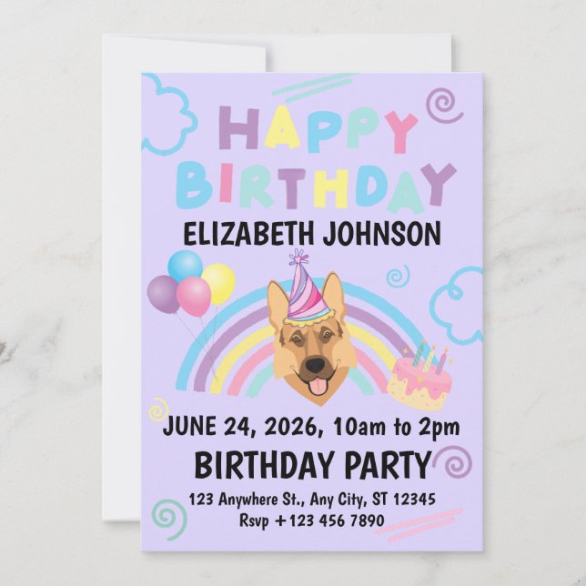 German Shepherd Birthday Invitation in Purple Einladung (Vorderseite)