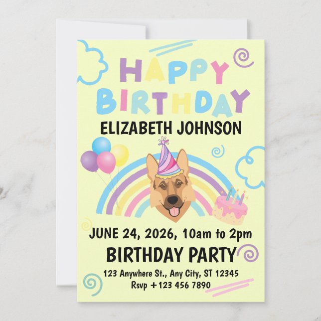 German Shepherd Birthday Invitation in Yellow Einladung (Vorderseite)