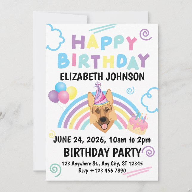 German Shepherd Birthday Party Invitation White Einladung (Vorderseite)