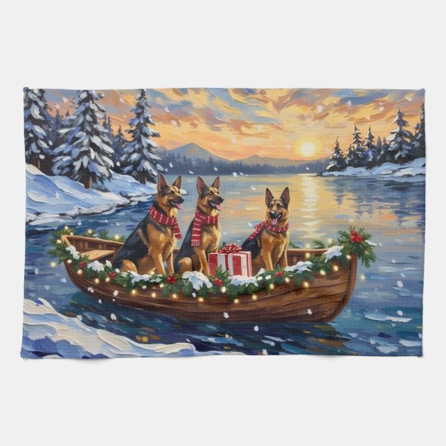 German Shepherd Christmas Boat Holiday Geschirrtuch (Horizontal)