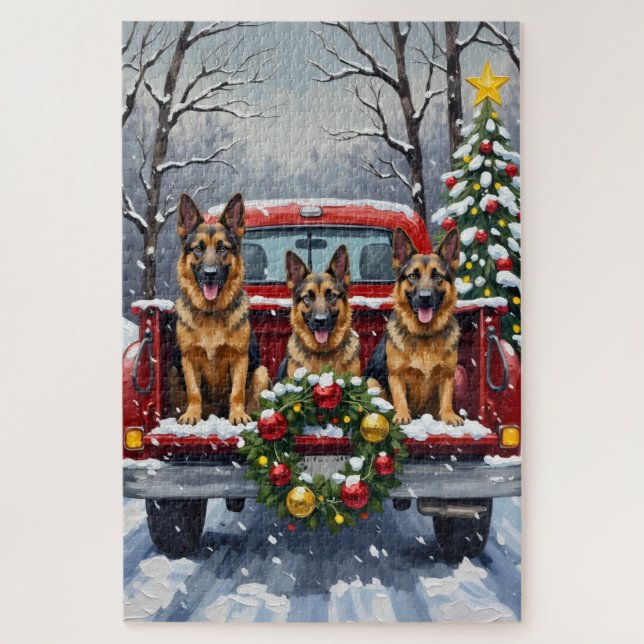 German Shepherd Christmas Red Truck Holiday (Vertikal)