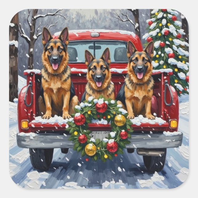 German Shepherd Christmas Red Truck Holiday Quadratischer Aufkleber (Vorderseite)