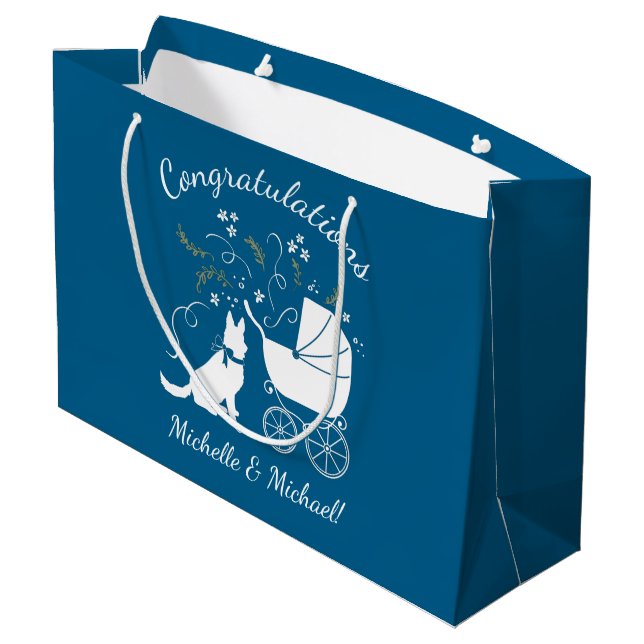 German Shepherd Dog Baby Shower Blue Boy Große Geschenktüte (Rückseite Schrägansicht)