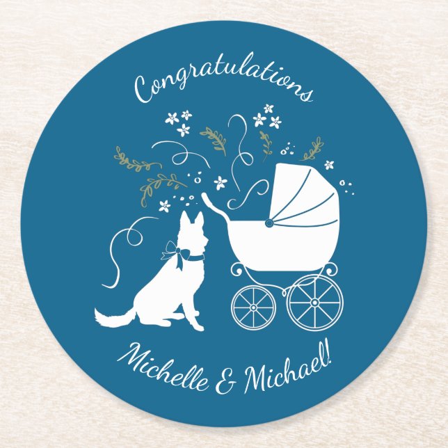 German Shepherd Dog Baby Shower Blue Boy Runder Pappuntersetzer (Vorderseite)