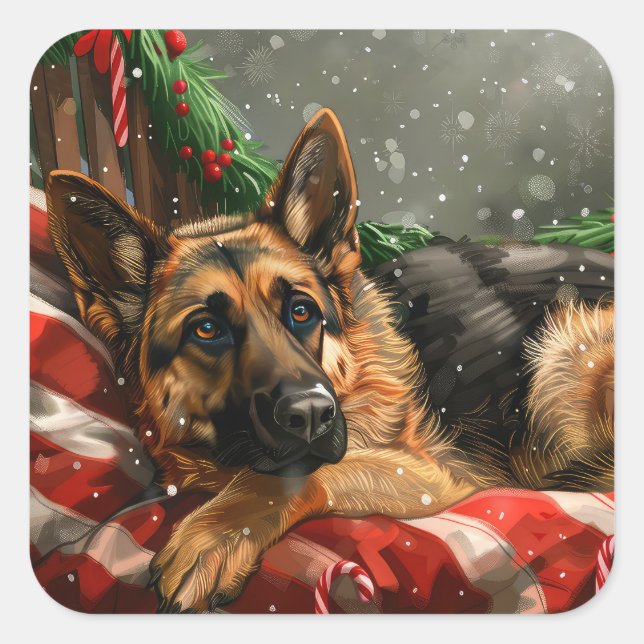 German Shepherd Dog Christmas Festive Quadratischer Aufkleber (Vorderseite)