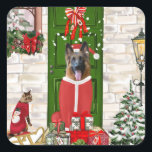German Shepherd Dog Christmas Quadratischer Aufkleber<br><div class="desc">Der Deutsche Schäferhund Weihnachten sitzend draußen geschmückt Zuhause mit Weihnachtskranz,  Weihnachtsbaum ist eine perfekte Weihnachtsgeschenkidee für Hundefreunde.</div>