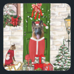 German Shepherd Dog Christmas Quadratischer Aufkleber<br><div class="desc">Der Deutsche Schäferhund Weihnachten sitzend draußen geschmückt Zuhause mit Weihnachtskranz,  Weihnachtsbaum ist eine perfekte Weihnachtsgeschenkidee für Hundefreunde.</div>