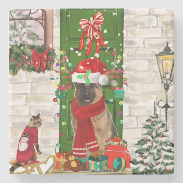 German Shepherd Dog Christmas Steinuntersetzer (Vorderseite)