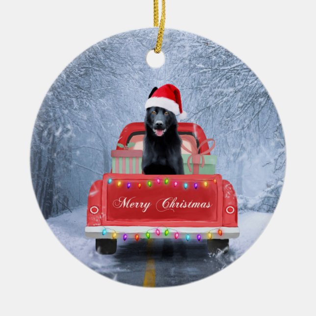 German Shepherd Dog in Snow sitting in Christmas  Keramik Ornament (Vorne)