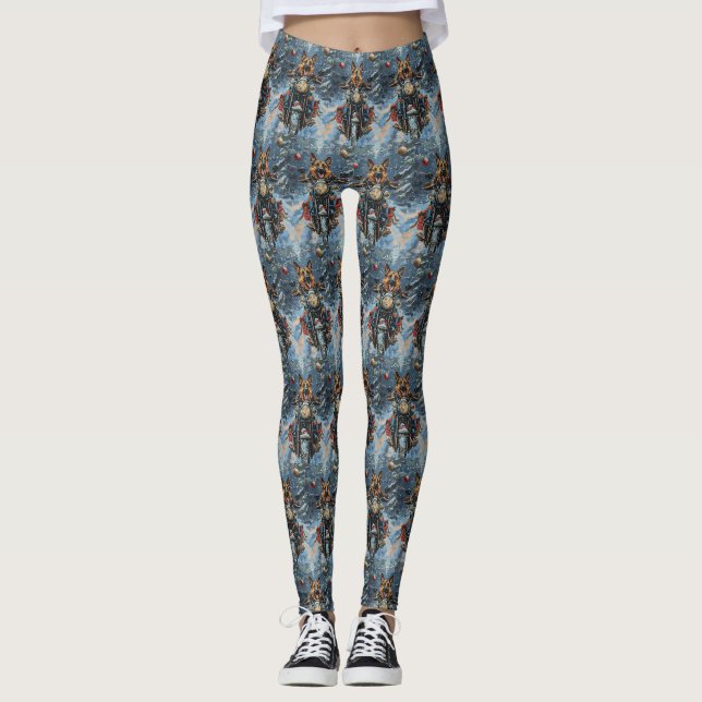 German Shepherd Dog Riding Motorrad Weihnachten Leggings (Vorderseite)