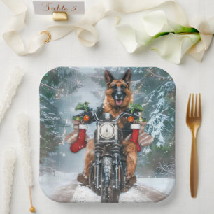 German Shepherd Dog Riding Motorrad Weihnachten Pappteller