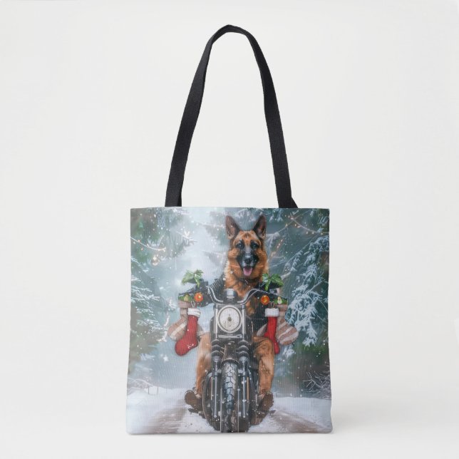 German Shepherd Dog Riding Motorrad Weihnachten Tasche (Vorderseite)