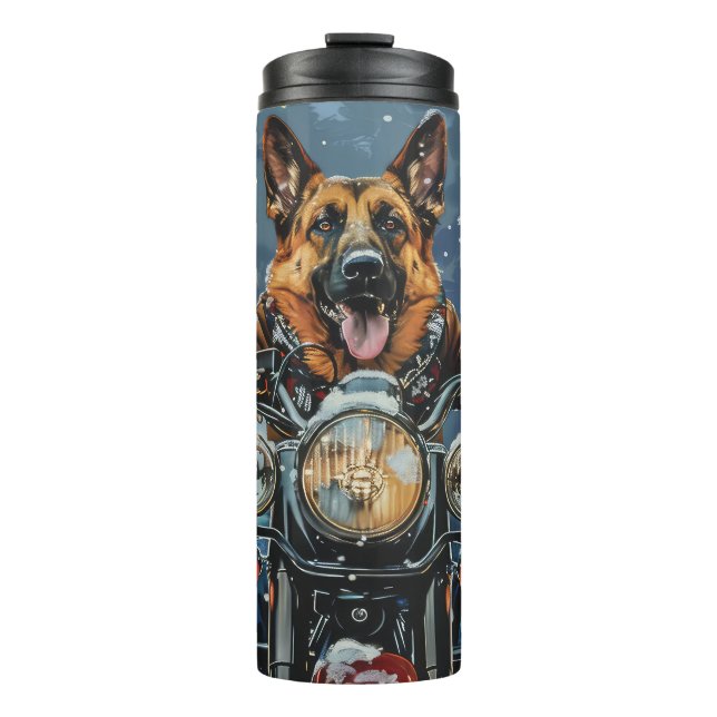 German Shepherd Dog Riding Motorrad Weihnachten Thermosbecher (Vorderseite)