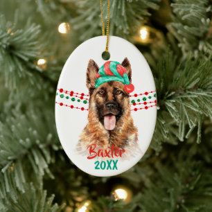 German Shepherd Dog Santa Hat Holiday String Beads Keramik Ornament
