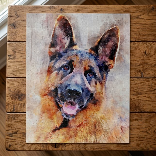 German Shepherd Dog Watercolor Portrait 01 (German Shepherd Dog in Watercolor Portrait. Jigsaw Puzzle)
