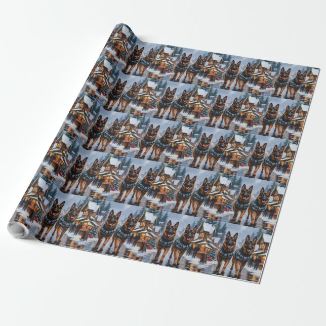 German Shepherd Dogs Christmas Snow Holiday Geschenkpapier (Ungerollt)