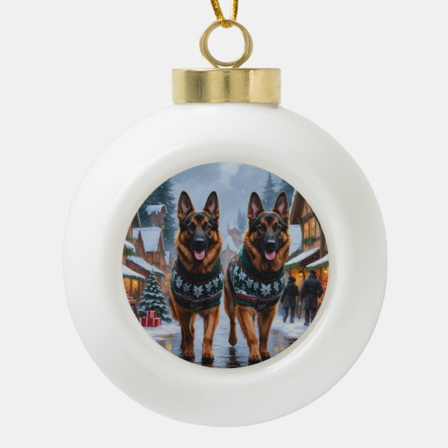 German Shepherd Dogs Christmas Snow Holiday Keramik Kugel-Ornament (Vorderseite)