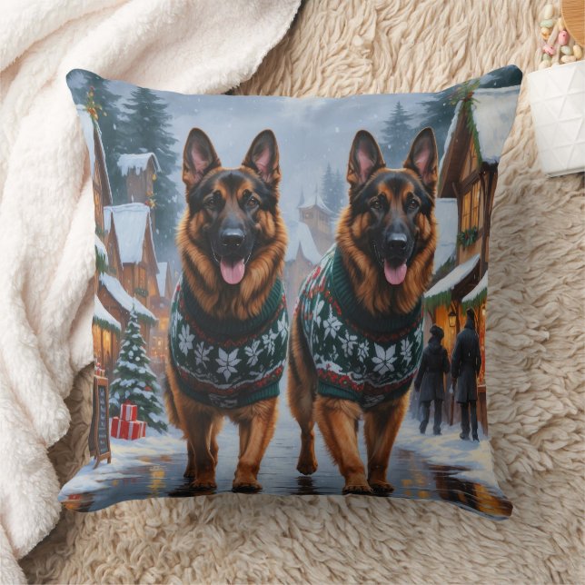 German Shepherd Dogs Christmas Snow Holiday Kissen (Decke)