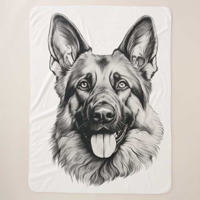 German Shepherd Drawing Portrait Sherpa Blanket Sherpadecke (Vorderseite)
