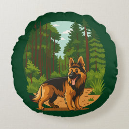 German Shepherd Forest Adventure Dog  Rundes Kissen