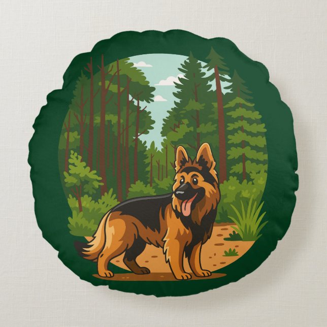 German Shepherd Forest Adventure Dog  Rundes Kissen (Vorderseite)