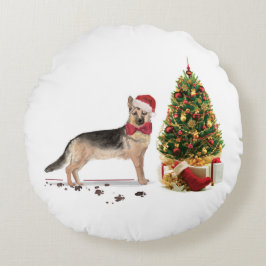 German Shepherd Funny Christmas Dog mit Baum Rundes Kissen