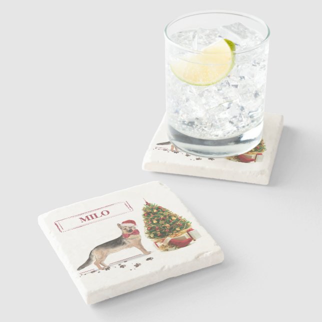 German Shepherd Funny Christmas Dog mit Baum Steinuntersetzer (Seitenansicht)