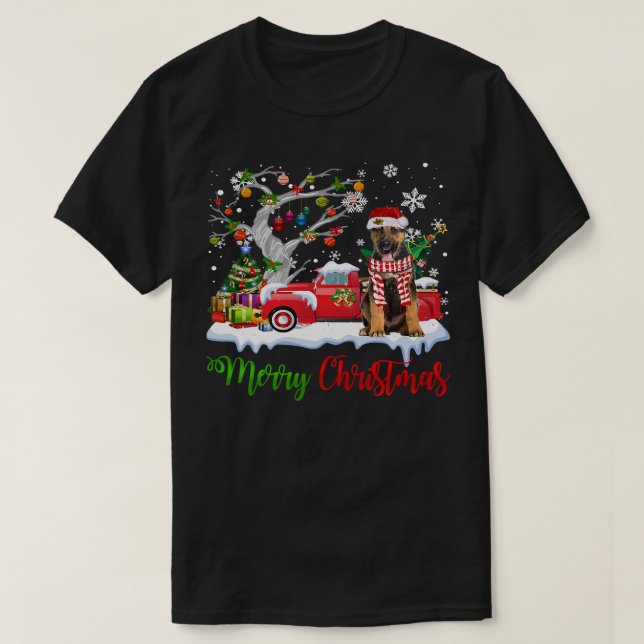 German Shepherd GSD Red Truck Frohe Weihnachtsbaum T-Shirt (Design vorne)