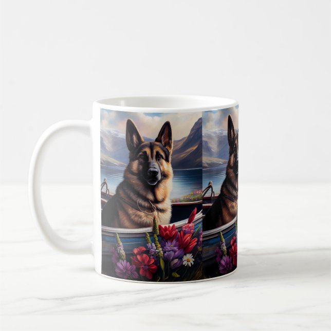 German Shepherd on a Paddle: Ein Landschaftliches  Kaffeetasse (Links)