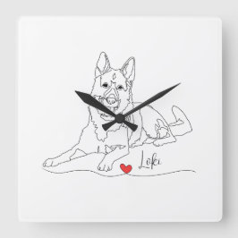 German Shepherd Pet Line Art with Name Quadratische Wanduhr