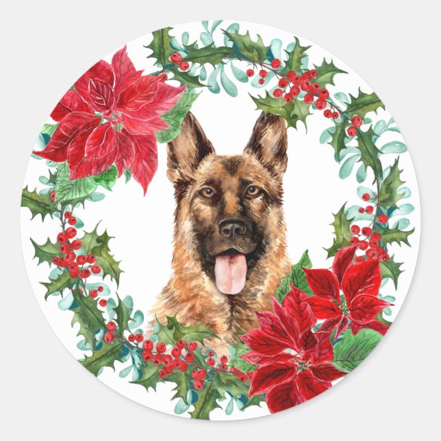 German Shepherd Poinsettia Holly Weihnachtskranz Runder Aufkleber (Vorderseite)