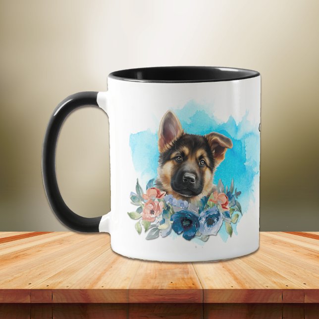 German Shepherd Puppy Blue Floral Tasse (Von Creator hochgeladen)