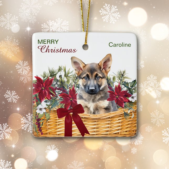 German Shepherd Puppy Poinsettia Weihnachtskorb Keramikornament (Von Creator hochgeladen)
