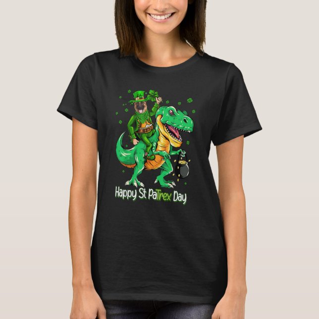 German Shepherd Riding Dinosaur Patricks Day Shamr T-Shirt (Vorderseite)