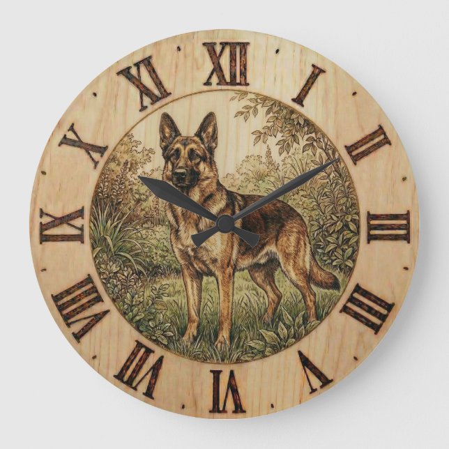 German Shepherd - Rustic Dog Decor Große Wanduhr (Vorderseite)
