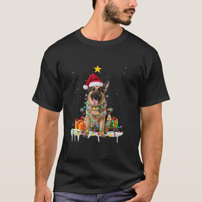 German Shepherd Santa Christmas Tree Lights Xmas B T-Shirt (Vorderseite)