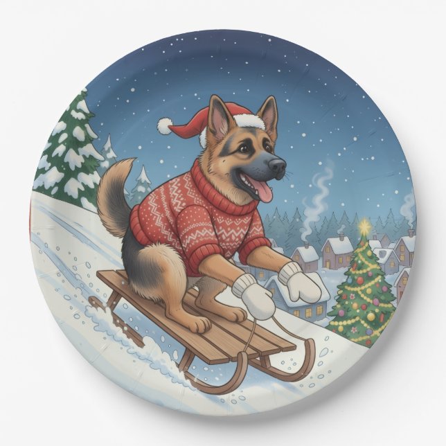 German Shepherd Sledding, Christmas Plates Pappteller (Vorderseite)