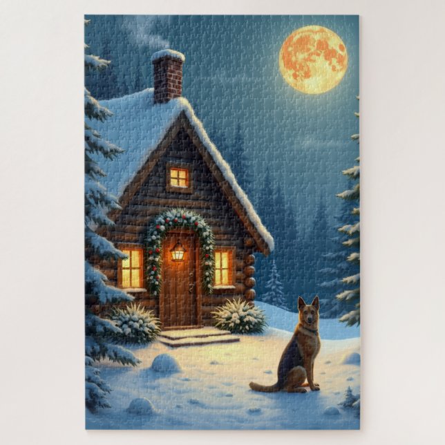 German Shepherd Snowy Forest Cabin Christmas Paint (Vertikal)