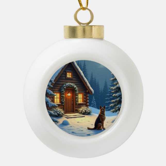 German Shepherd Snowy Forest Cabin Christmas Paint Keramik Kugel-Ornament (Vorderseite)