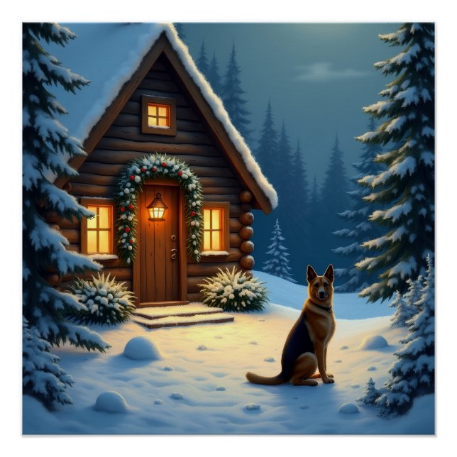German Shepherd Snowy Forest Cabin Christmas Paint Poster (Vorderseite)
