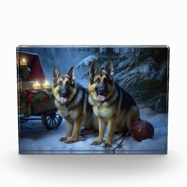 German Shepherd Snowy Sleigh Weihnachtsdekor Fotoblock (Vorderseite)
