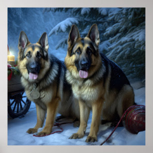 German Shepherd Snowy Sleigh Weihnachtsdekor Poster